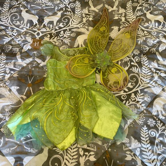 Disney Store M (7/8) Girls TinkerBell costume wings chiffon green yellow fairy - Picture 1 of 13